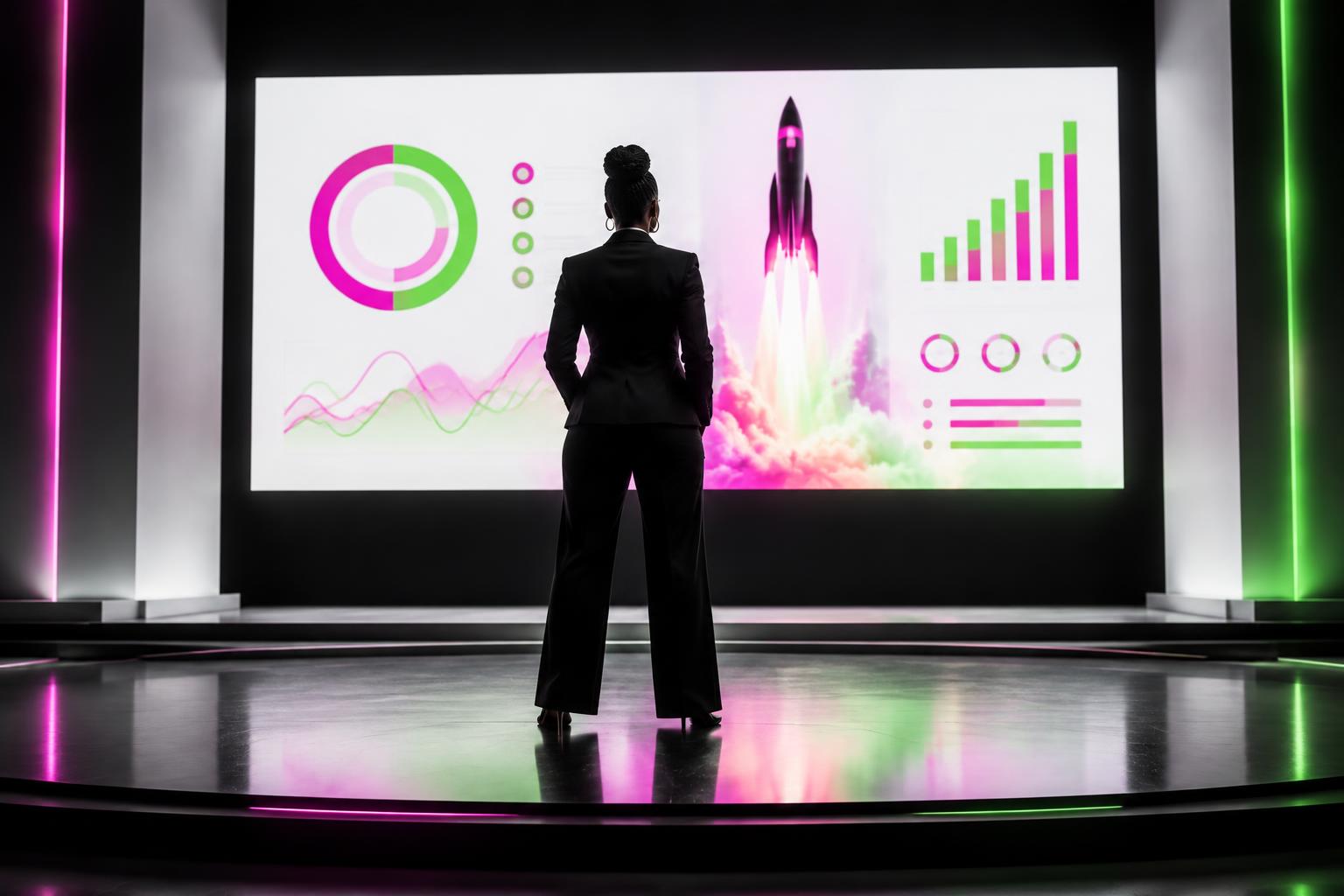 A confident woman leading on stage in front of a glowing launch dashboard