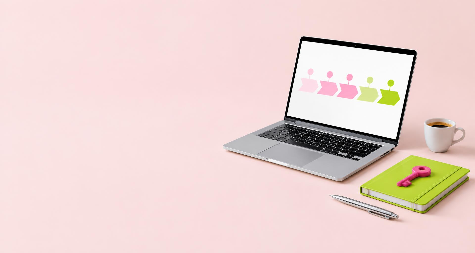 Laptop with a five-step roadmap, a lime notebook and a pink key