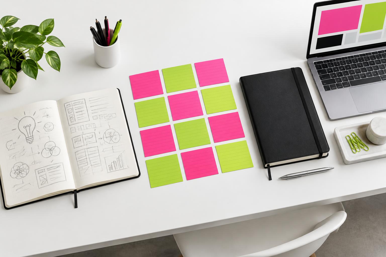 Notebook ideas organized into pink and lime offer cards beside a finished workbook and laptop
