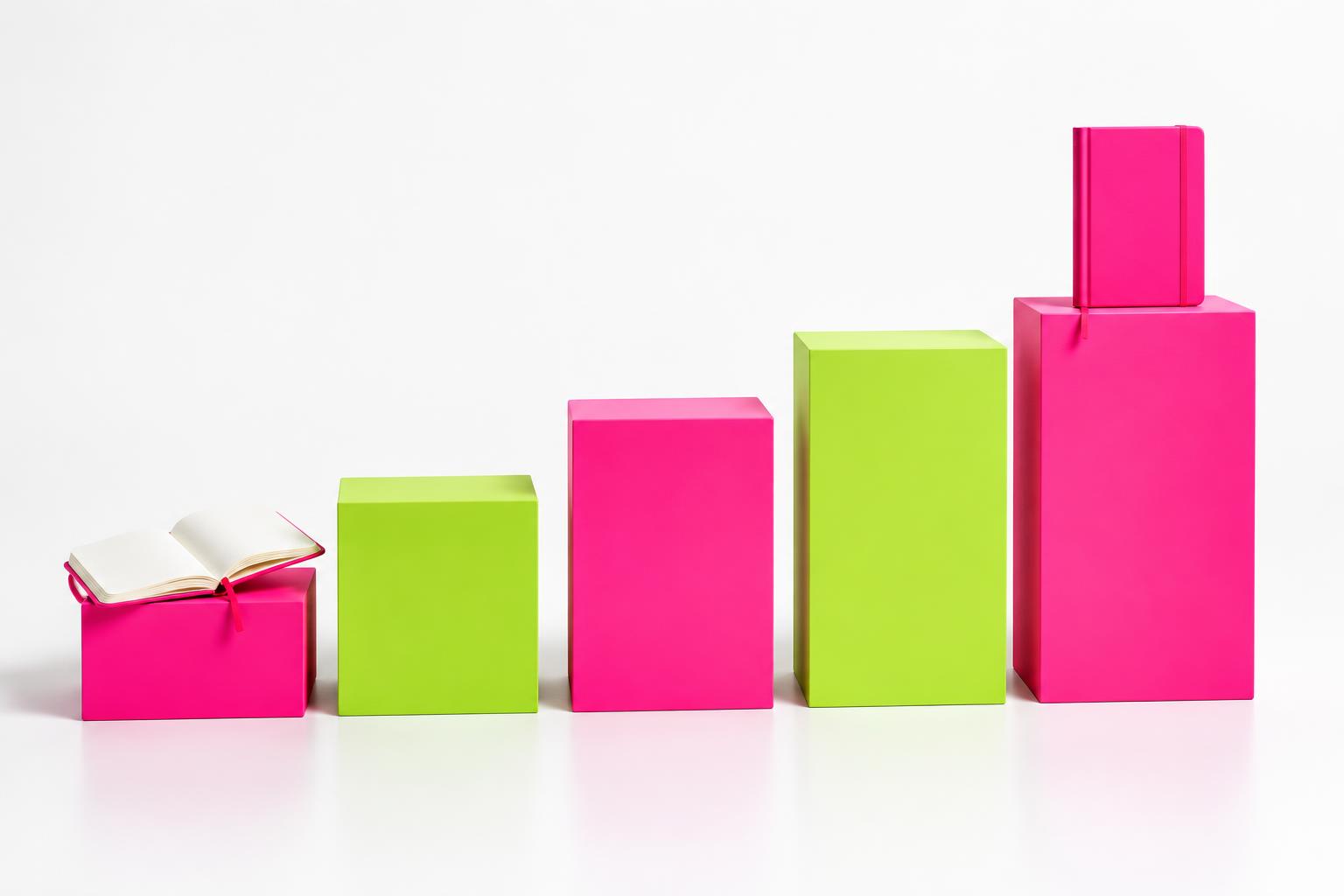 Five pink and lime steps taking an open notebook to a finished book